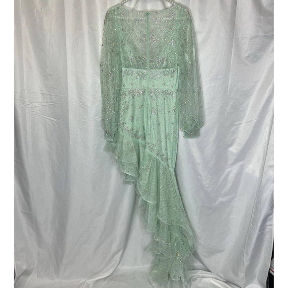 Mac Duggal Ieena Bishop Sleeve V Neck Empire High Low Dress 6 Seafoam Blue - Picture 8 of 16